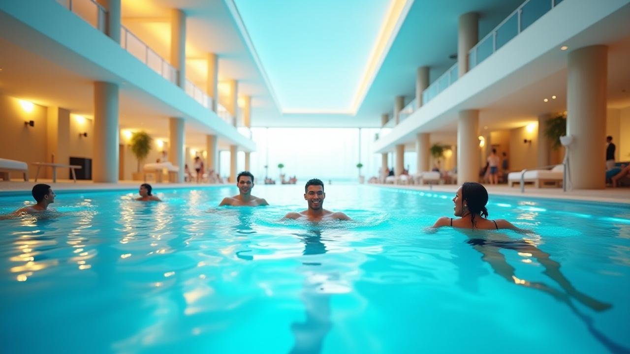 賑わう高級ホテルのプールとスパ