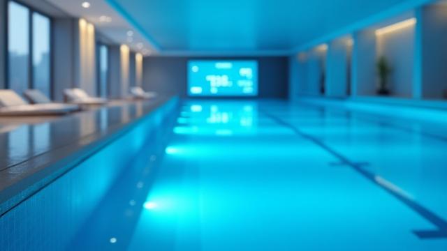 ジムのプールに設置されたIoT水質管理システムのモニター