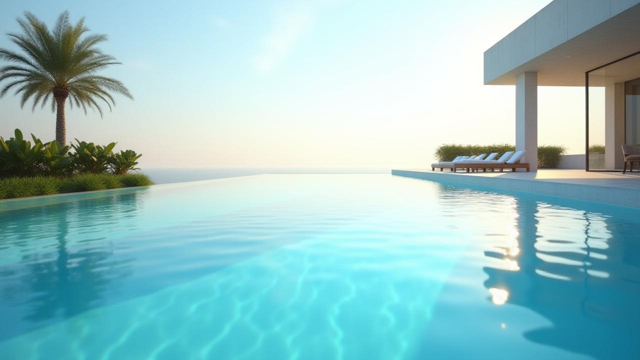 透明な水が輝くモダンなインフィニティプール