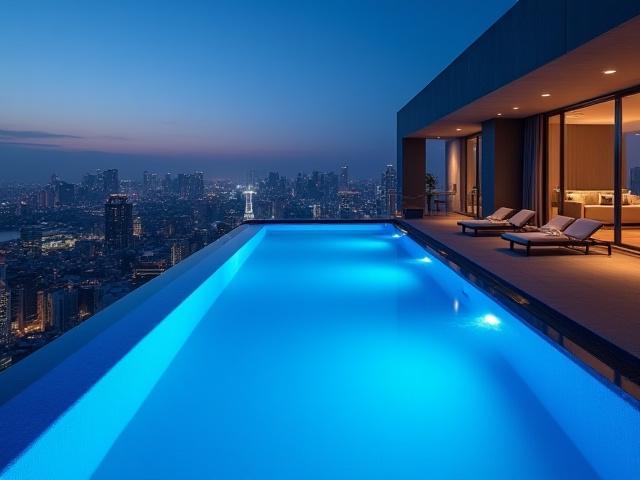 豪華なホテルの屋上プールと東京の夜景