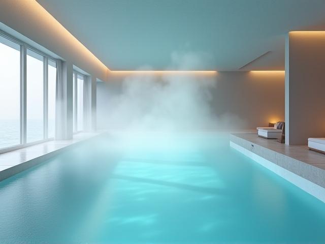 モダンでミニマルなデザインの室内温水プール