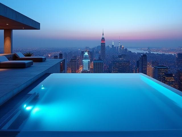 都心の高層ビル屋上に広がるインフィニティプール